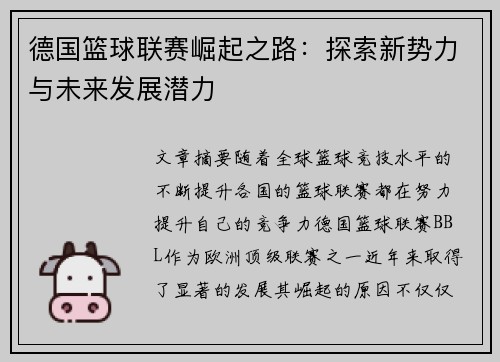 德国篮球联赛崛起之路：探索新势力与未来发展潜力