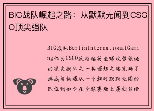 BIG战队崛起之路：从默默无闻到CSGO顶尖强队